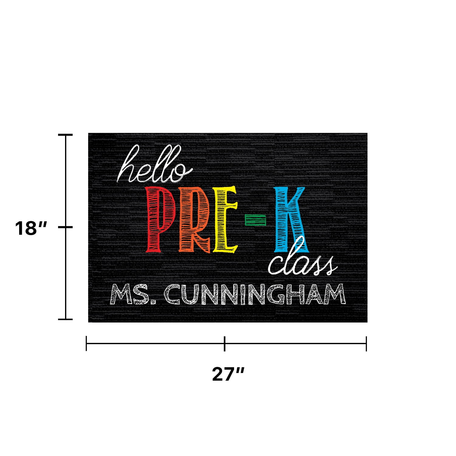 Personalized Planet 27x18 Hello Pre Kindergarten Doormat with Custom Teacher Name Printed on Black Rectangular 1/8” Thick Non Slip Mat for School Classroom or Home