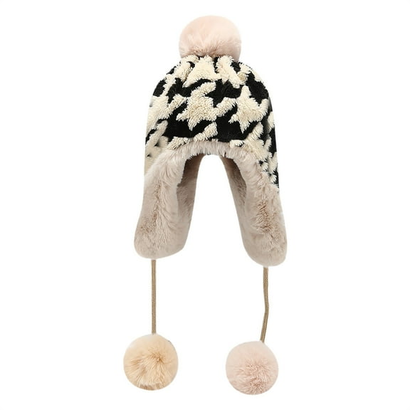 Otqutp Winter Hats for Women and Ladies Autumn Winter Hat Black Red Khaki Brown Polyester Cotton Hat Ear Cover Hat with Drawstring for Outdoor Cold Weather(Black,One Size)