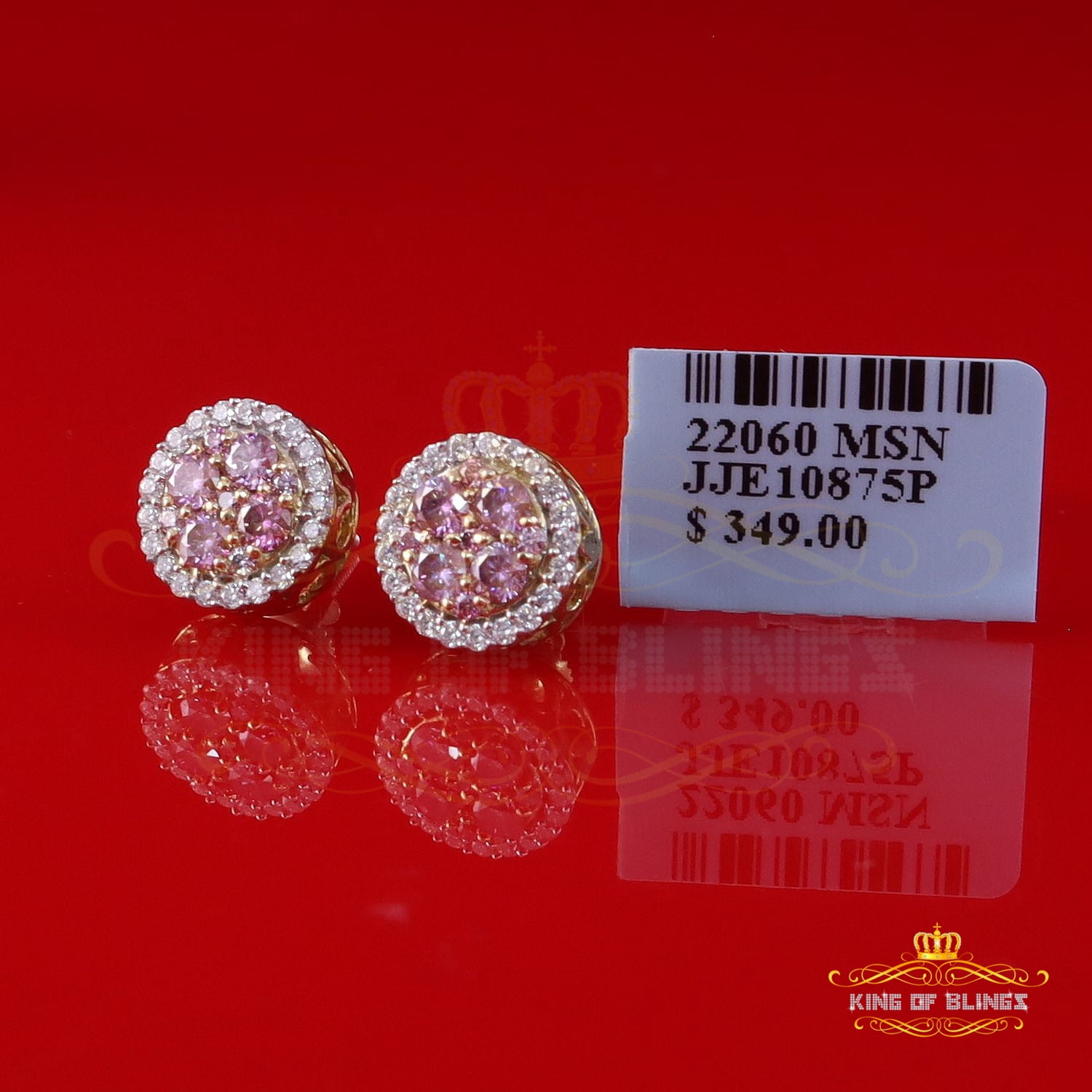 King of Bling's 925 Silver Yellow 1.00ct VVS D Pink Moissanite Round Men's/Women's Stud Earrings