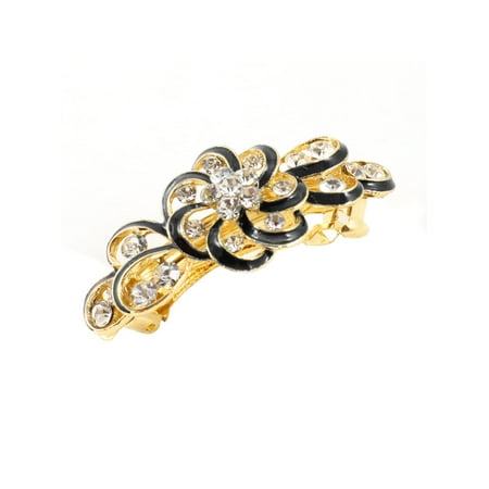 Bling Hair Clip - Unique Bargains Woman Bling Rhinestone Gold Tone Metal Black Flower Hair Clip Barrette