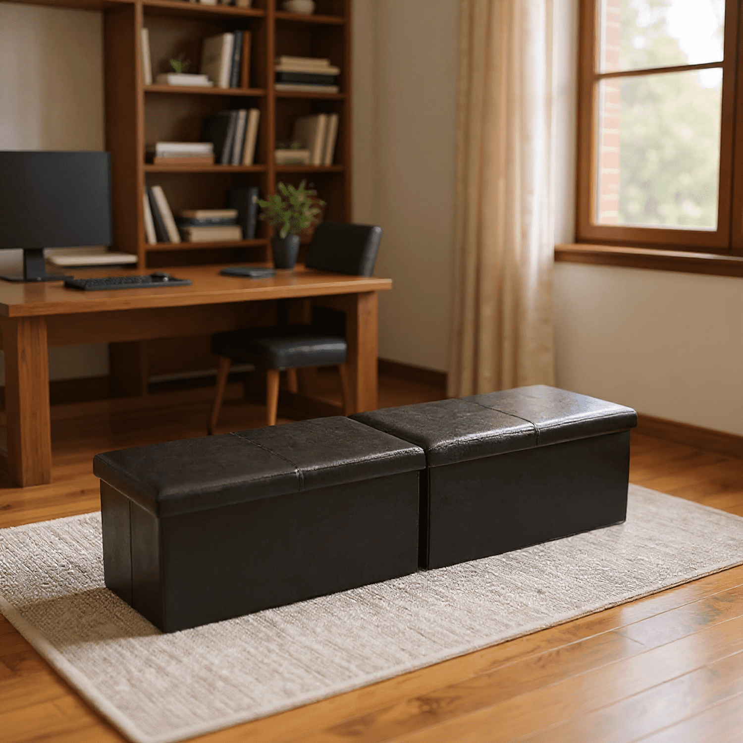 Homy Casa Folding Set of 2 Black Faux Leather Storage Ottoman – Stylish and Functional Coffee Table Alternative