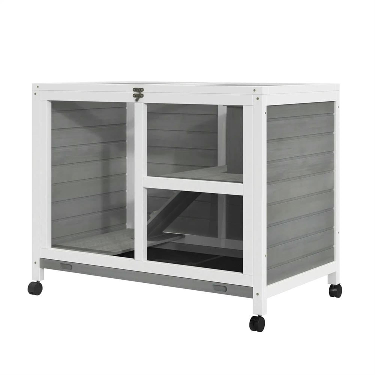 Kadyn 36" Indoor Wooden Rabbit Hutch with Openable Roof, Removable Tray and Wheels, Outdoor Bunny Cage for Bunnies, Guinea Pigs, Gray
