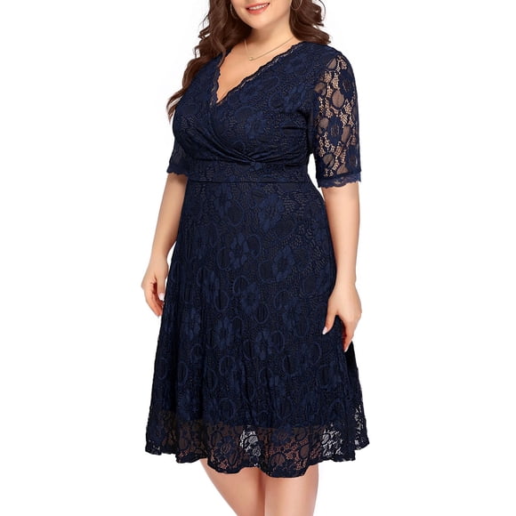 Women Lace V Neck Plus Size Cocktail Dress Navy Blue Wedding Guest Semi-Formal Evening Party Casual Knee Length Dresses