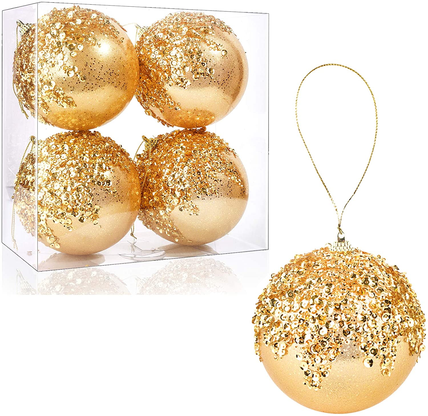 4" Christmas Ball Ornaments, 4pc Set Gold Shatterproof Christmas