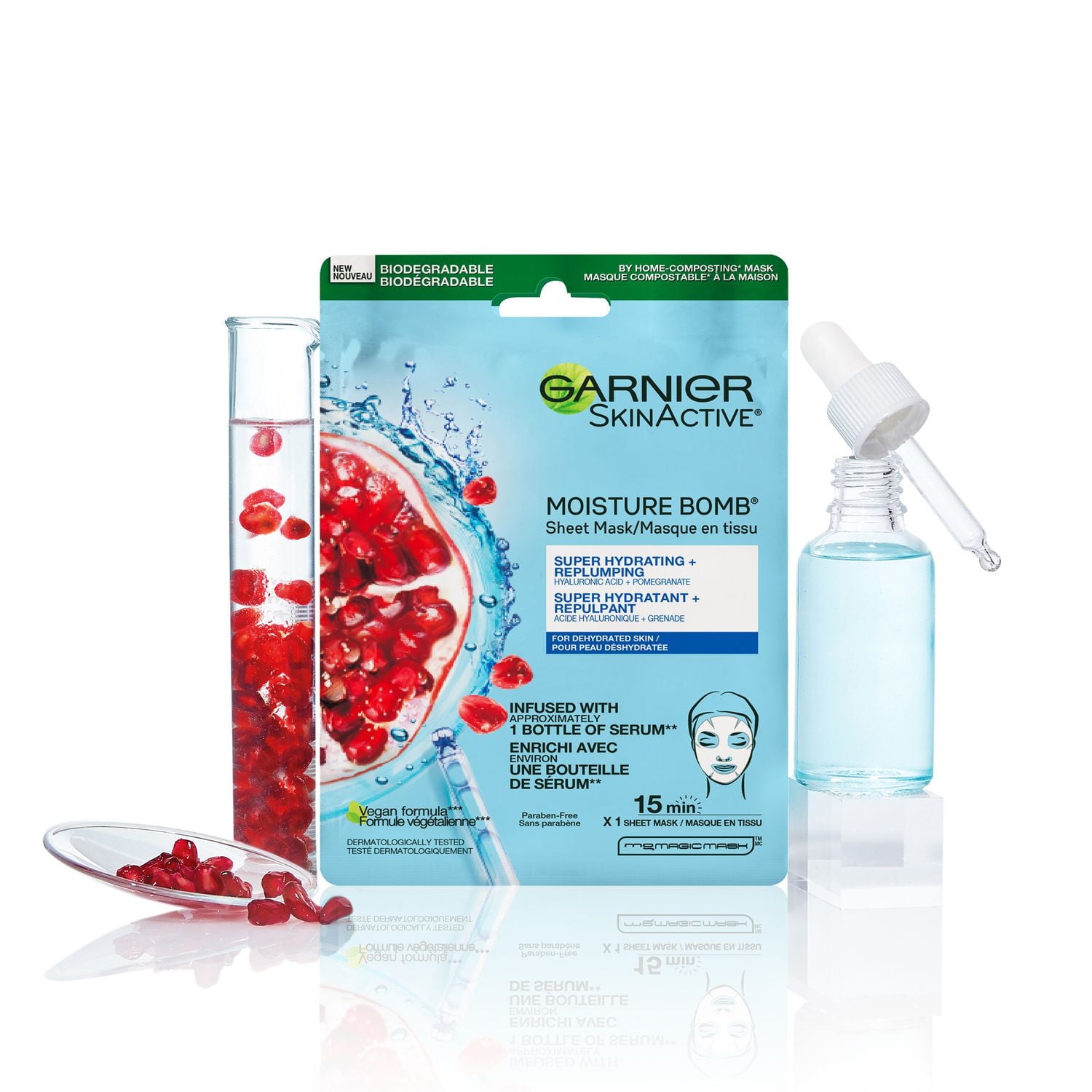 Masque Garnier Beauty, masque en tissu Moisture Bomb super hydratant avec acide hyaluronique et grenade, lot de 6