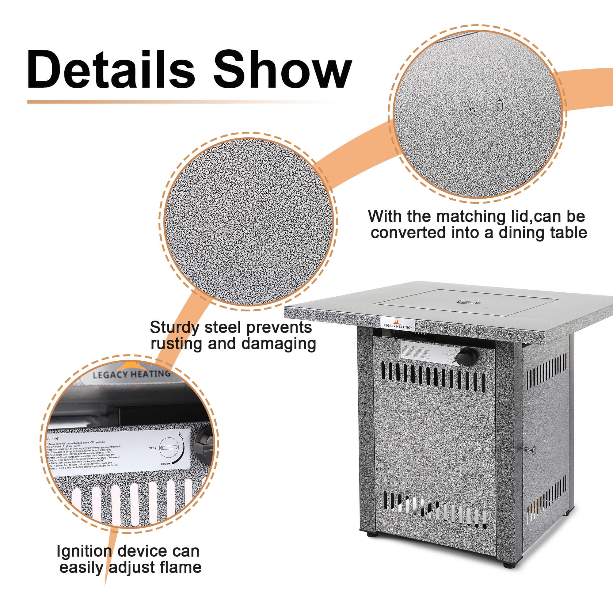 LEGACY HEATING 28IN 50000BTU Square Fire Pit, Hammered Silver Finish