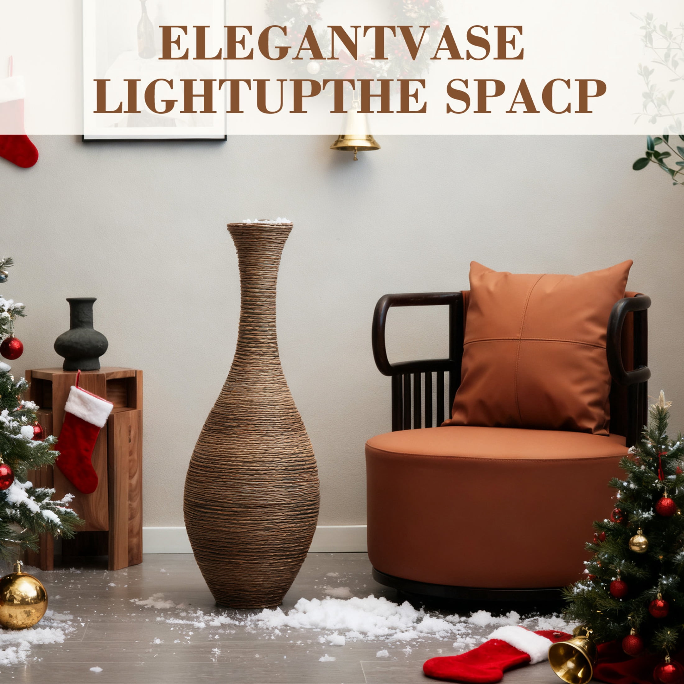 Noble House 39.37" Tall PVC Rattan-Look Floor Vase, Hand-Woven Decorative Vase for Home Decor, Beige+Gray