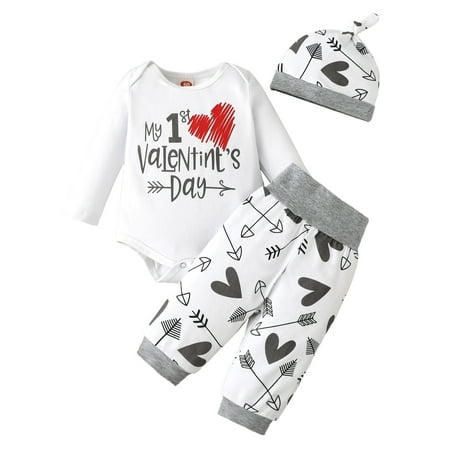 

JIEU Baby Girls Boys Print Autumn Valentine s Day Long Sleeve Fashion Leisure Pants Romper Bodysuit Hat Set Clothes Go Out Wearing