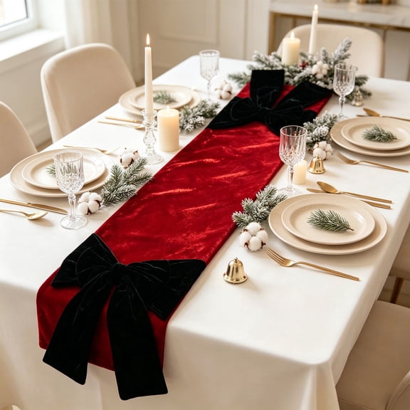 Christmas Table Runner 70.8 x 11.8 Inches Handmade Bow for Dining Table and Holiday Party Decor