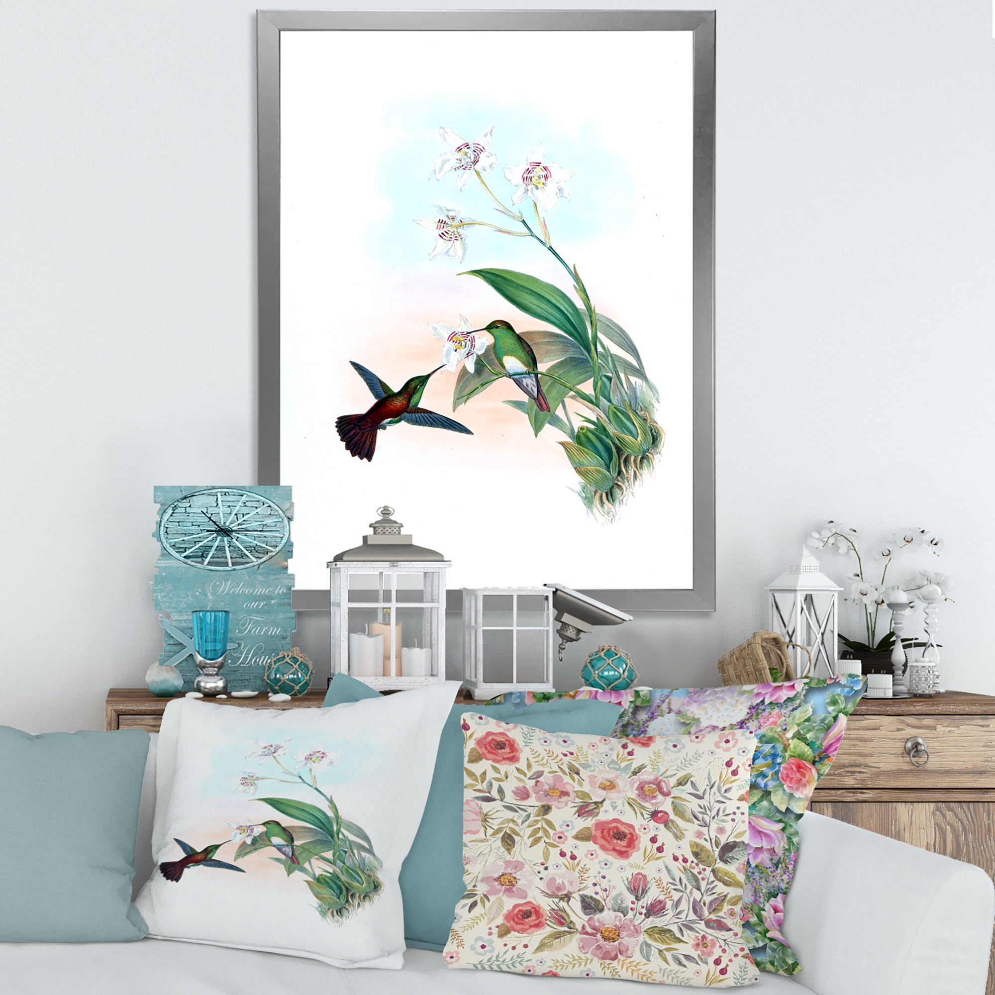 Designart 'Historic Hummingbird Flying To A Flower' Traditional Framed Art Print