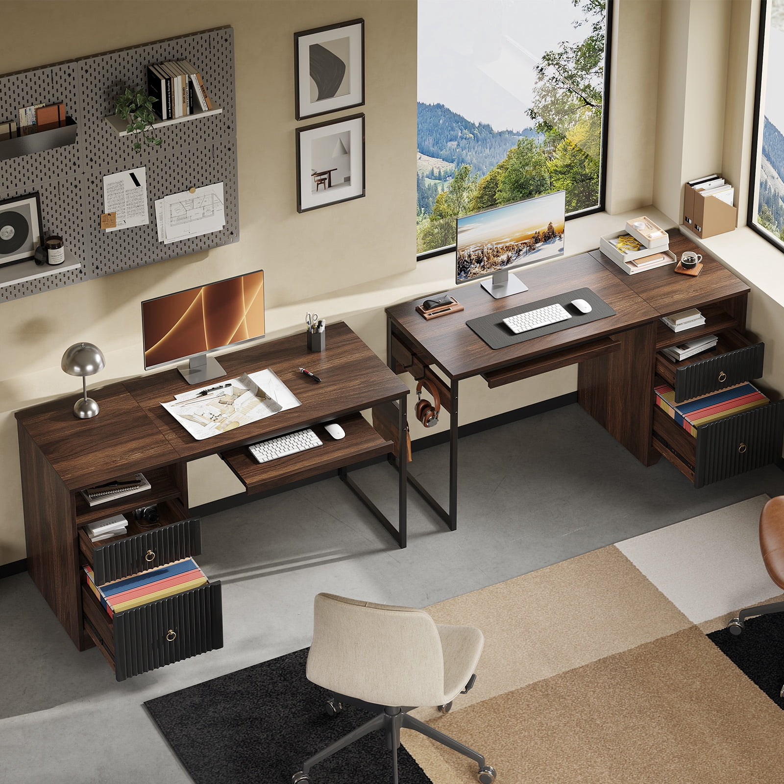 Bestier 55 Inch Office Desk with Drawers, Keyboard Tray, 2 Hooks, Modern Fluted Computer Desk for Home, Walnut