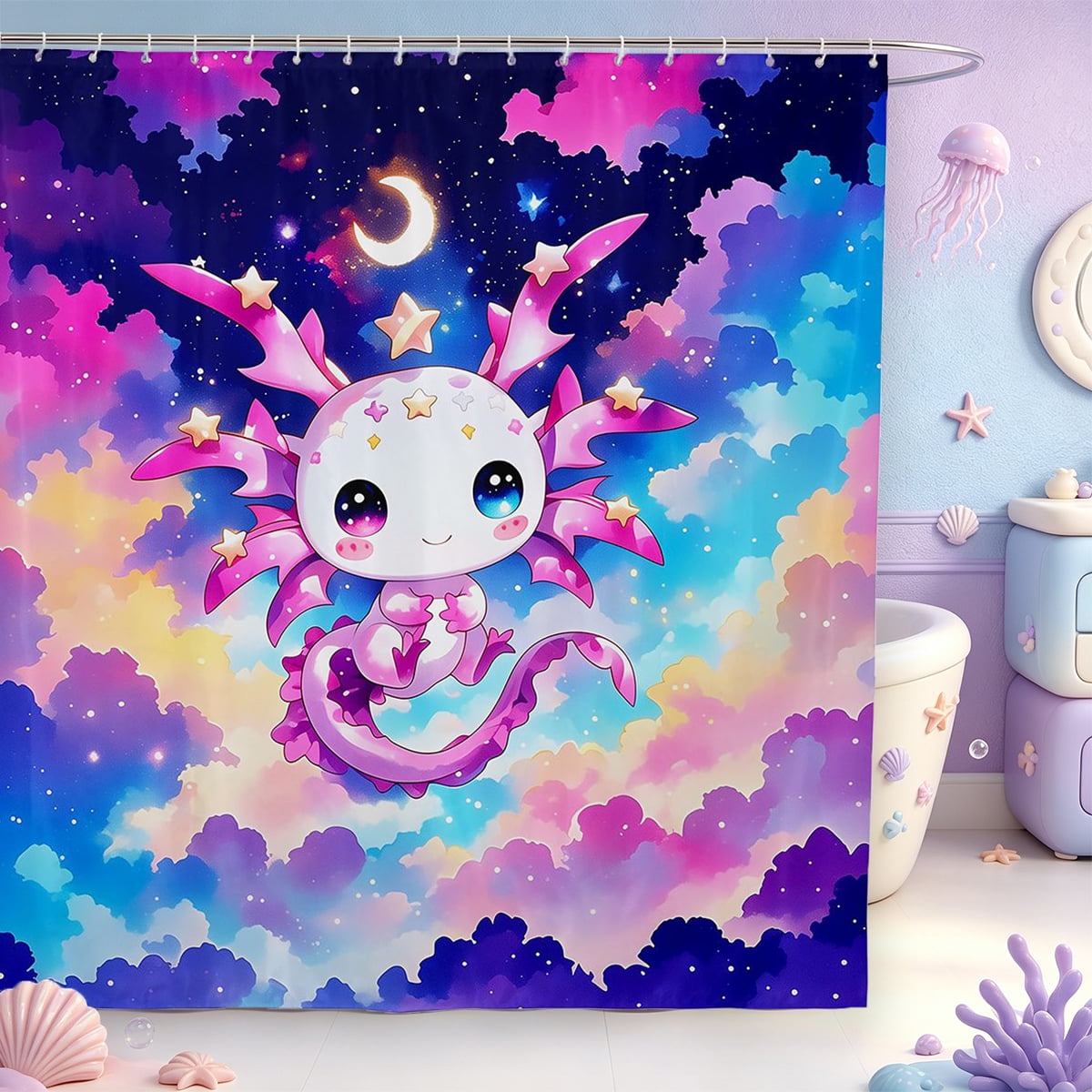 Manfei 3D Print Amphibian Axolotl Shower Curtain 72Wx72L,Cute Salamander Pattern Bathroom Curtain