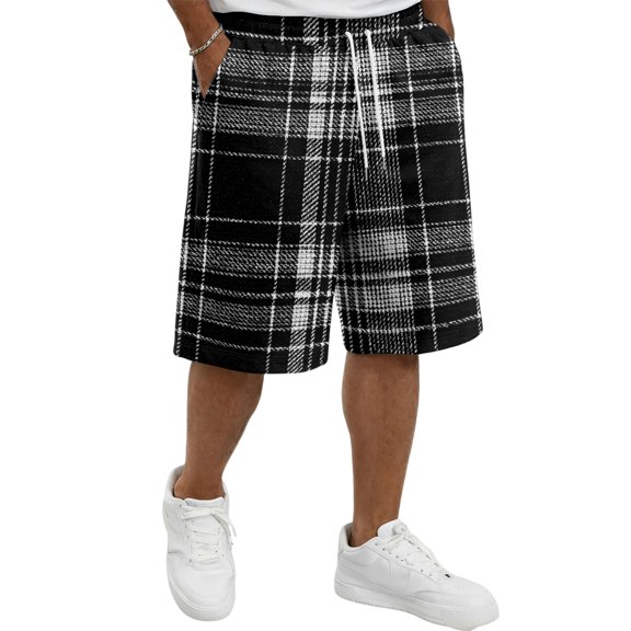Delconic Men Holiday Tartan Plaid Quick Dry Knee Length Casual Shorts Elastic Drawstring Waist Side Pockets Loose Fit Short Pants For Summer Beach Gym Hiking Daily Black L