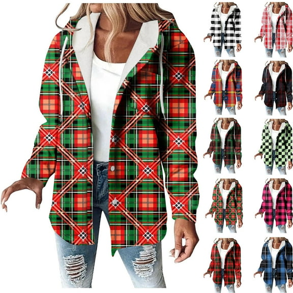 Fashion Flannel Plaid Jackets for Womens Oversize Plaid Printe Long-sleeved Long-sleeved Hooded Casual Coat