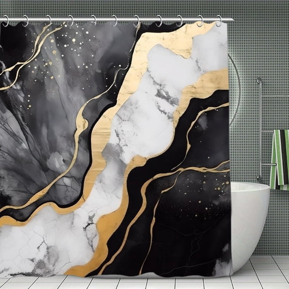 Marble Abstract Black Gold Fluid Print Shower Curtain,Modern Fabric Waterproof Shower Curtain Set with Hooks,70.8×70.8Inch