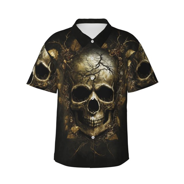 Balery Vintage Gold Leaf Skull Camisas hawaianas de manga corta para hombre, camisas playeras de corte holgado, camisas de vacaciones con botones,XX-Large