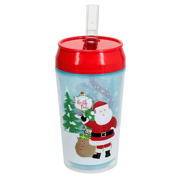 Double Wall Holiday Themed Tumbler with Flip-Up Straw 12 fl oz Santa Design for Home Office Men Women Christmas Birthday Party Favor Drinking Beverages Personal Bottle Cup Gift Supplies Set of 1