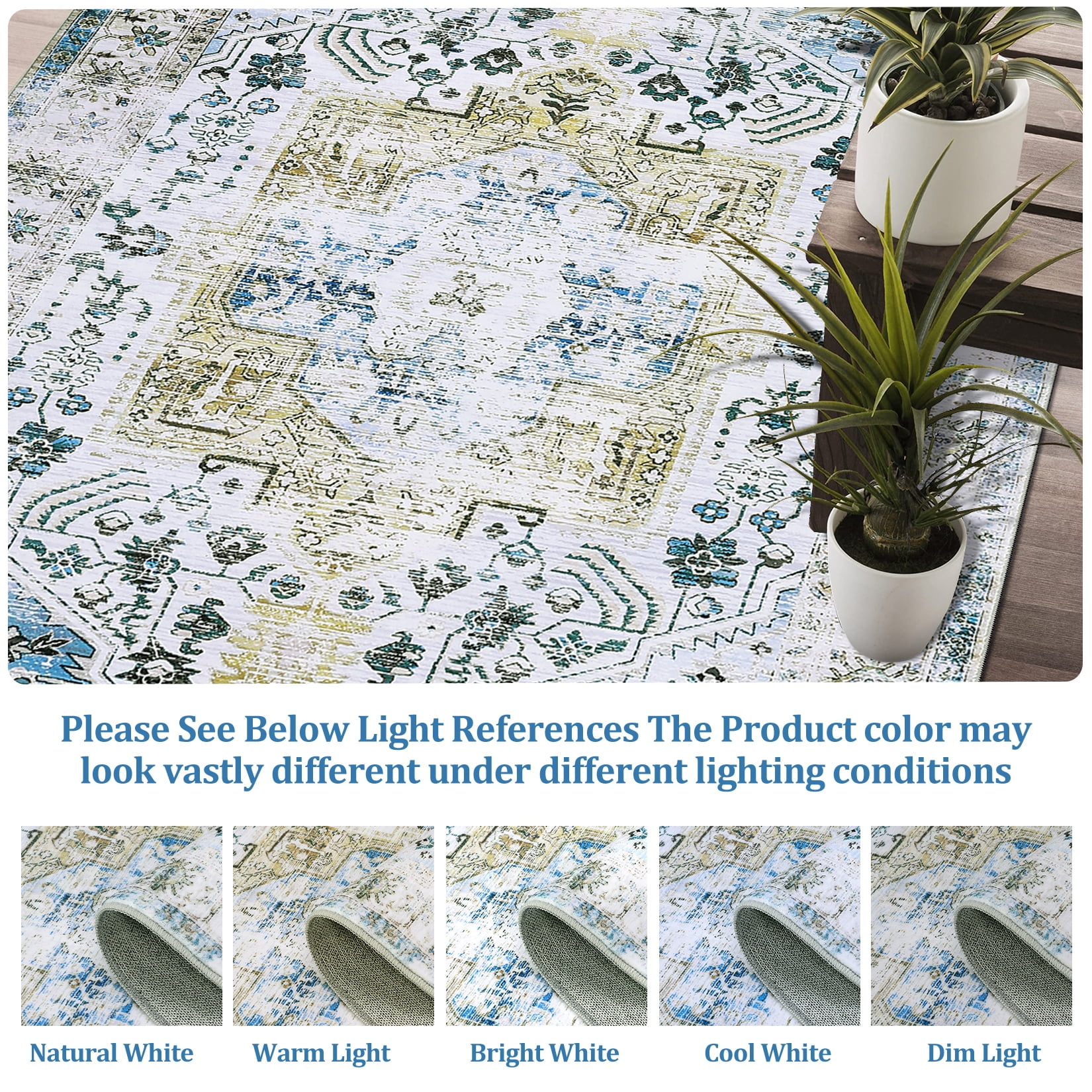Hasoo Large 9' x 12' Vintage Area Rug for Living Room Bedroom Washable Floral Carpet, Blue