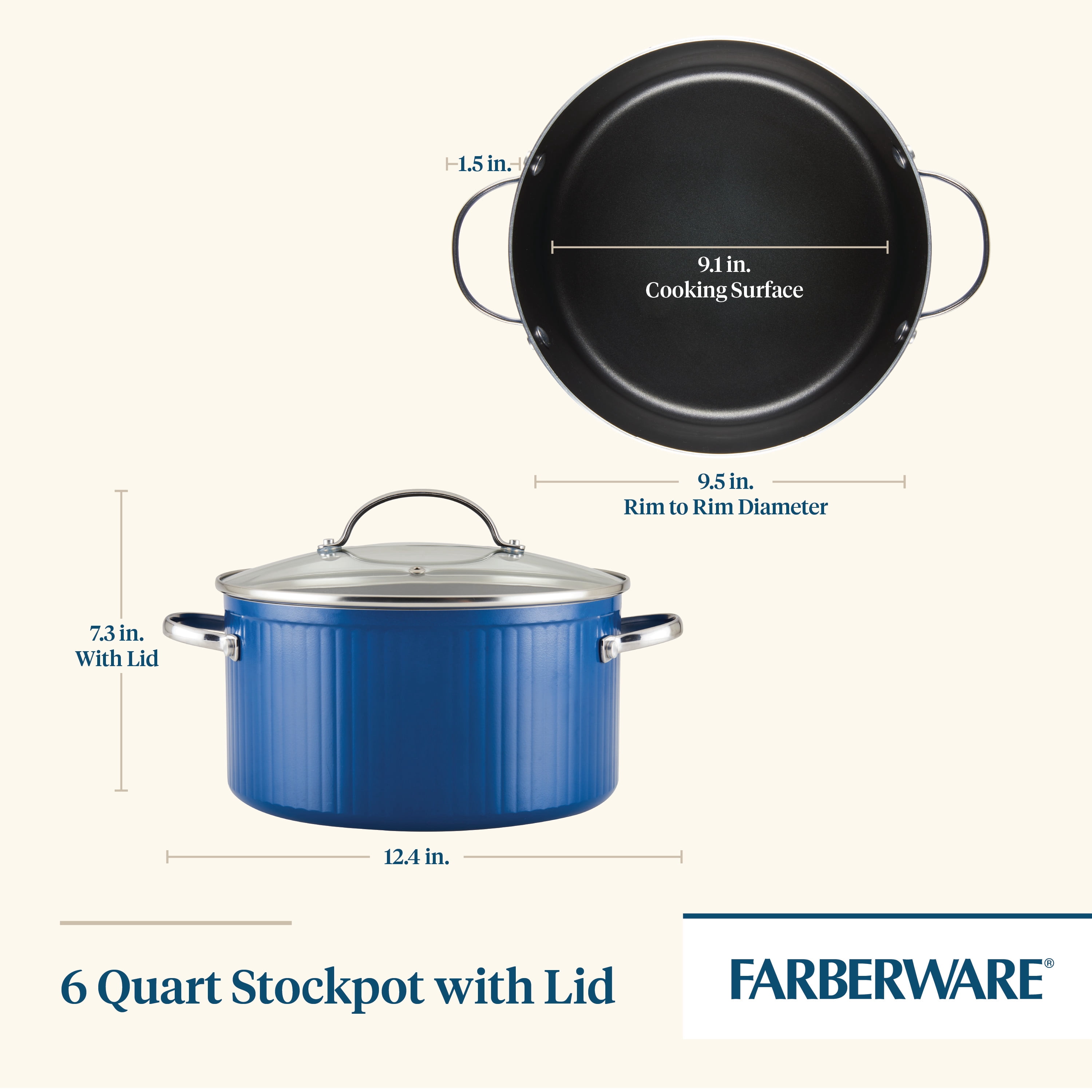 Farberware Style 6 Quart Nonstick Stockpot with Tempered Glass Lid, Dishwasher Safe, Oven Safe to 500°F, Blue