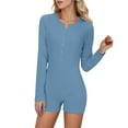 thumbnail image 3 of HBFAGFB Long Sleeve Jumpsuit for Women Casual Knit Ribbed U Neck Tops Slim Fit Rompers Blue Size M, 3 of 9