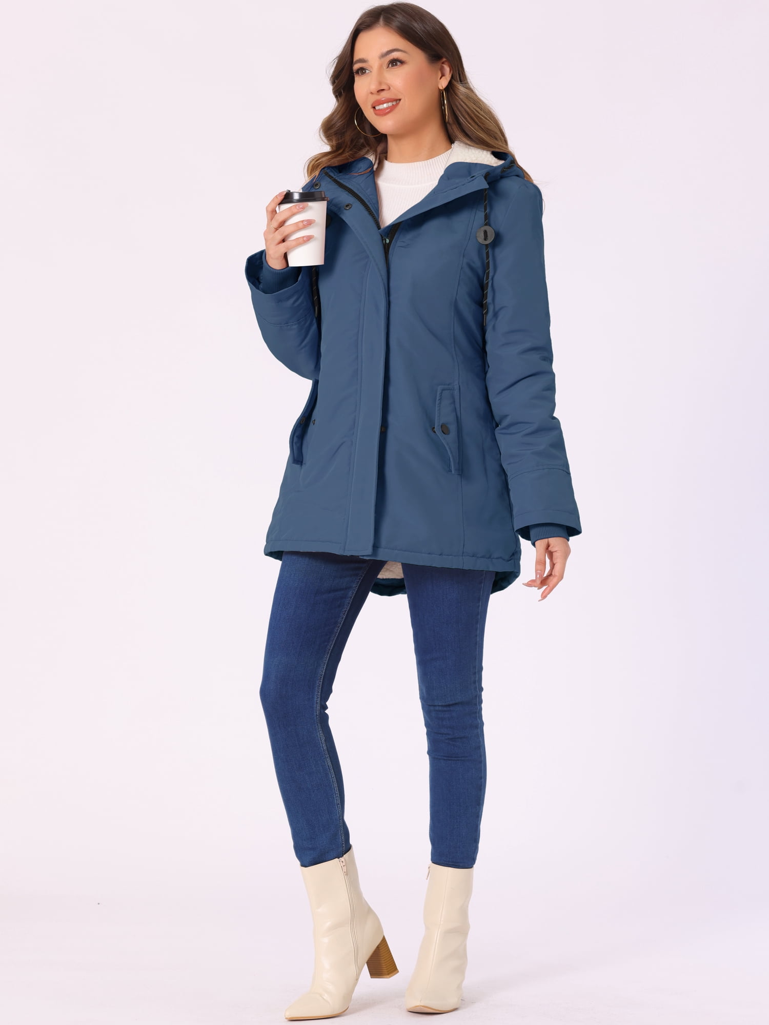 DARING DIVA Women's Winter Coat with Faux Fur Hood and Multiple Pockets M Navy Blue