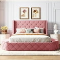 thumbnail image 2 of Upholstered Platform Bed Queen Size, Pink Velvet, Wingback Headboard, 1 Big Drawer, Storage, 2 Stools Size Storage With Headboard Look, 2 of 7