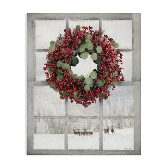 Stupell Industries Holly Wreath & Reindeer Holiday Painting Gallery Wrapped Canvas Art Print Wall Art, 16 x 20