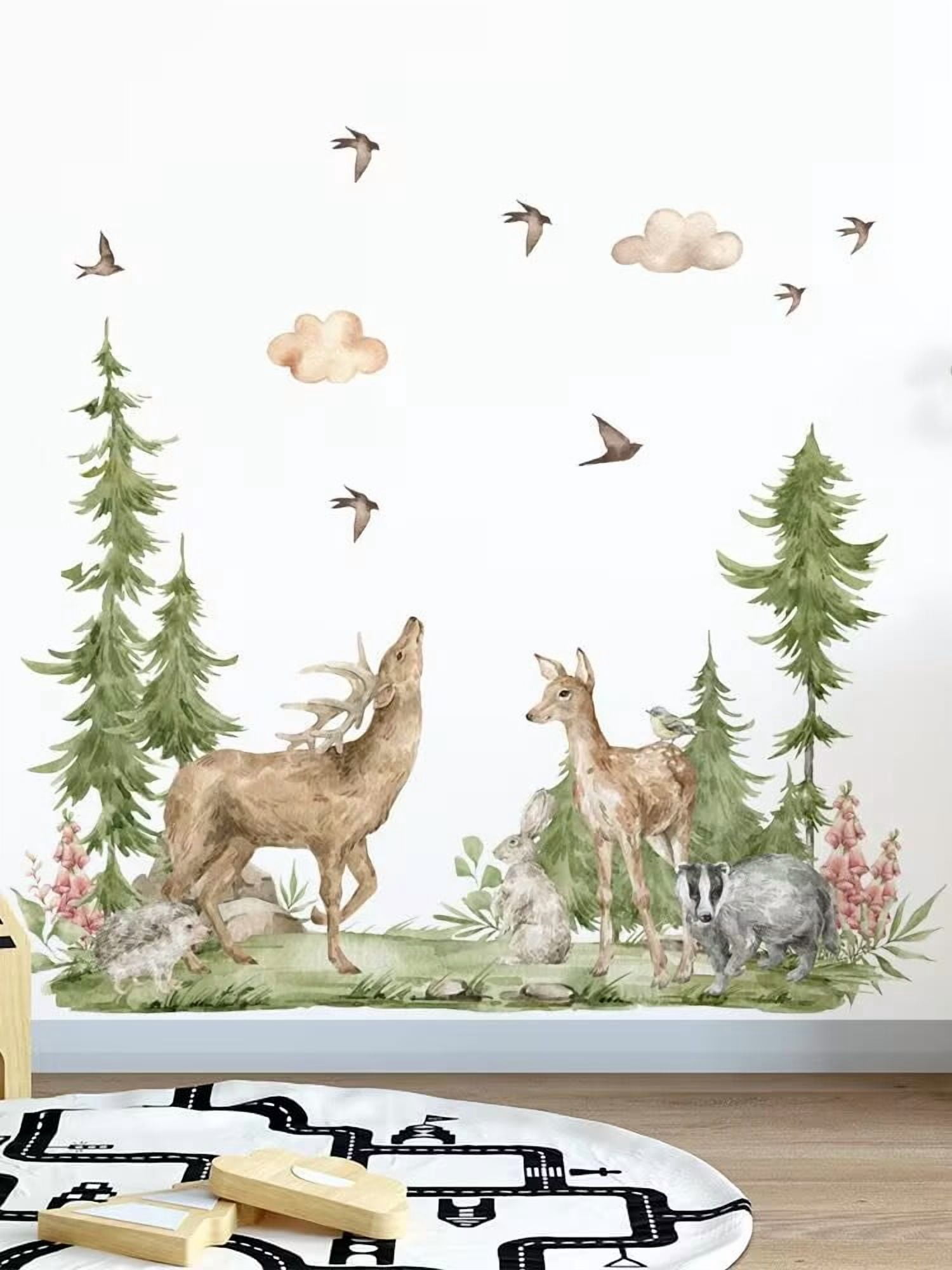 Mountain Tree Wall Stickers Large Pine Tree Forest Animal Wall Decals deer Wall Stickers and Stick Wall Art Decals for Kids Room Baby Nursery Bedroom