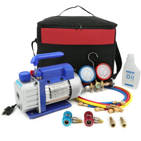 110V/60HZ 1/4 HP 3.5CFM Single Stage Rotary Vane Air Vacuum Pump and R134 Manifold Gauge Kit HVAC AC Repair Complete Tools