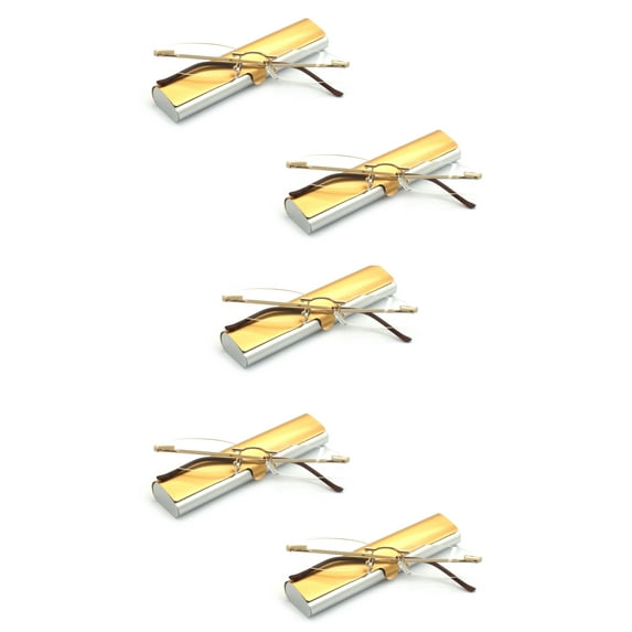 EYE ZOOM 5 Pack Compact Metal Rimless Reading Glasses with Light Slim Case for Men and Women, Gold, +1.00