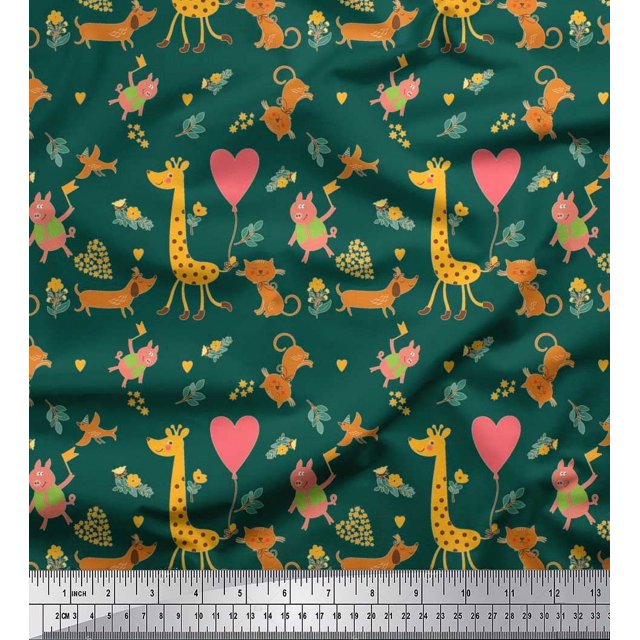 Soimoi Rayon Fabric Balloon,Floral & Cute Animals Cartoon Print Fabric by The Yard 42 Inch Wide