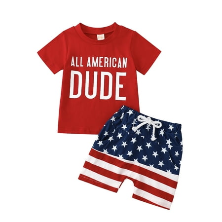 

GXFC Toddler Baby Boys 4th of July Outfits Short Sleeve Letter Print T-Shirts Tops+Stars Stripe Print Shorts Set Infant Boys Independence Day Summer Clothes 2Pcs 0-3Y