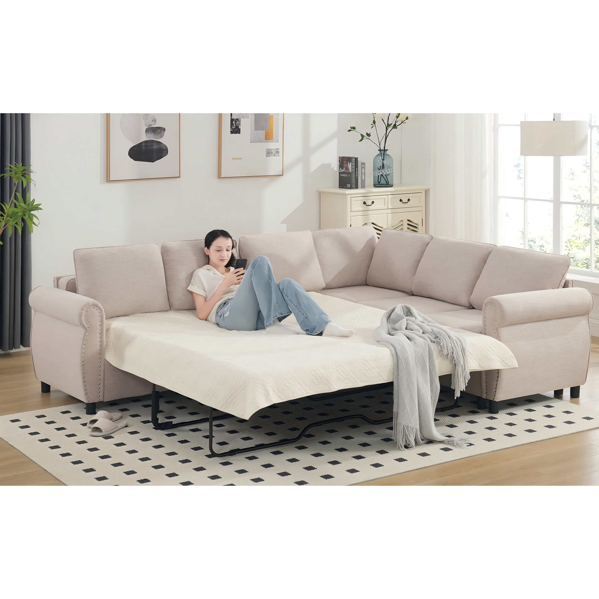 LLappuil Sectional Sofa, Pull Out Sofa Bed Queen Size, 6 Seat Sofa Couch Convertible Sleeper Sofa Bed for Living Room Beige