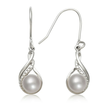 Diamond June Birthstone Earring - Genuine White Cultured Freshwater Pearl and Diamond Accent Sterling Silver Drop Dangle Earrings