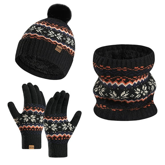 HNMKIU Winter Snowflake Pattern Women's Knitted Set for Cold Weather with Cozy Hat Scarf and Gloves Accessories Black,One Size