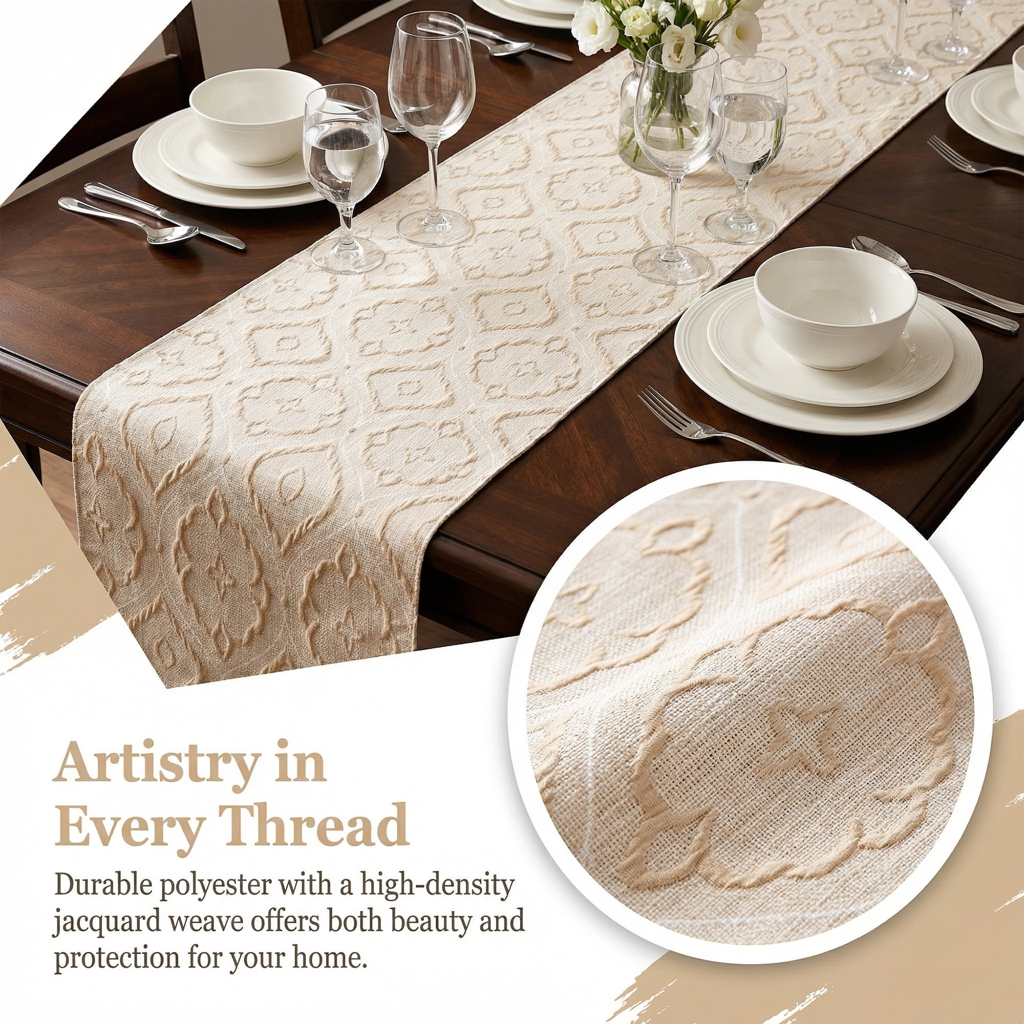 Unique Bargains Long Washable Polyester Runner Table Runner for Table Beige 13.8"x94.5"