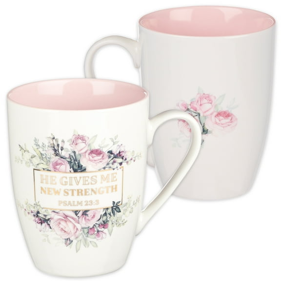 Christian Art Gifts Encouraging Golden Scripture Ceramic Coffee & Tea Mug for Women: He Gives Me New Strength Inspirational Psalm Bible Verse, Cadmium/Lead-free Novelty Cup, White/Pink Floral, 12 oz.