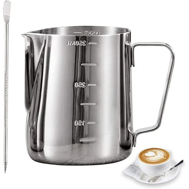 Zhuge Stainless Steel Milk Frothing Pitcher 350ml, Measurements on Both Sides Inside, Milk Jug Cup with Decorating Pen