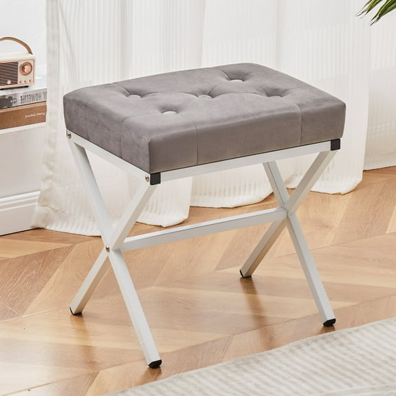 HOME Tufted Rectangle Grey Ottoman – Velvet Foot Stool – Mid Century Modern Steel Legs - Soft Compact Padded Stool - Living Room or Bedroom – Vanity Chair - Decorative Furniture