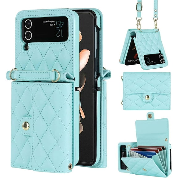 for Samsung Galaxy Z Flip 4 Case with Card Slot Holder, [RFID Blocking] [Crossbody Strap] Women Girls PU Leather Wallet Case Lanyard Kickstand Crossbody Bag for Z Flip 4 - Blue