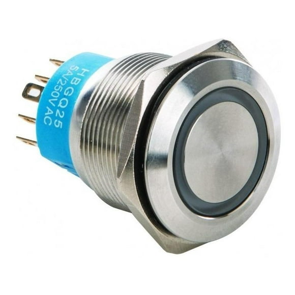 Interruptor de presión Steren AU-120 con botón redondo metálico e iluminación azul