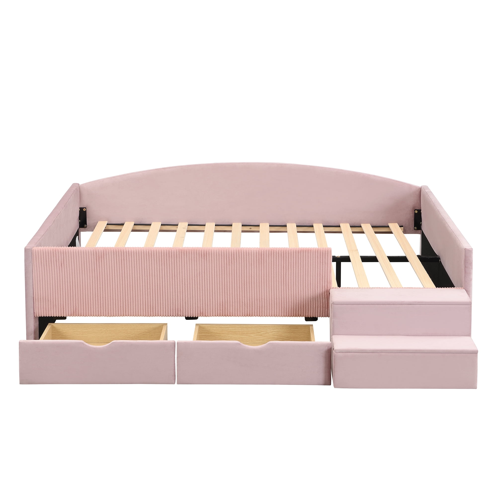 Mintazer Full Size Cute Upholstered Floor Daybed Frame with Safety Guardrail & 2 Storage Drawers & Stairs for Teens Kids, Pink