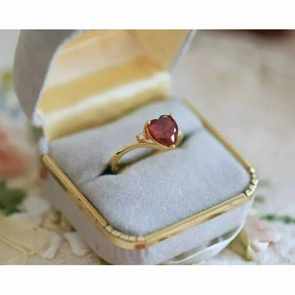 3Ct Heart Cut Diamond Red Ruby Wedding Ring For Women's 14K Yellow Gold Plated Silver