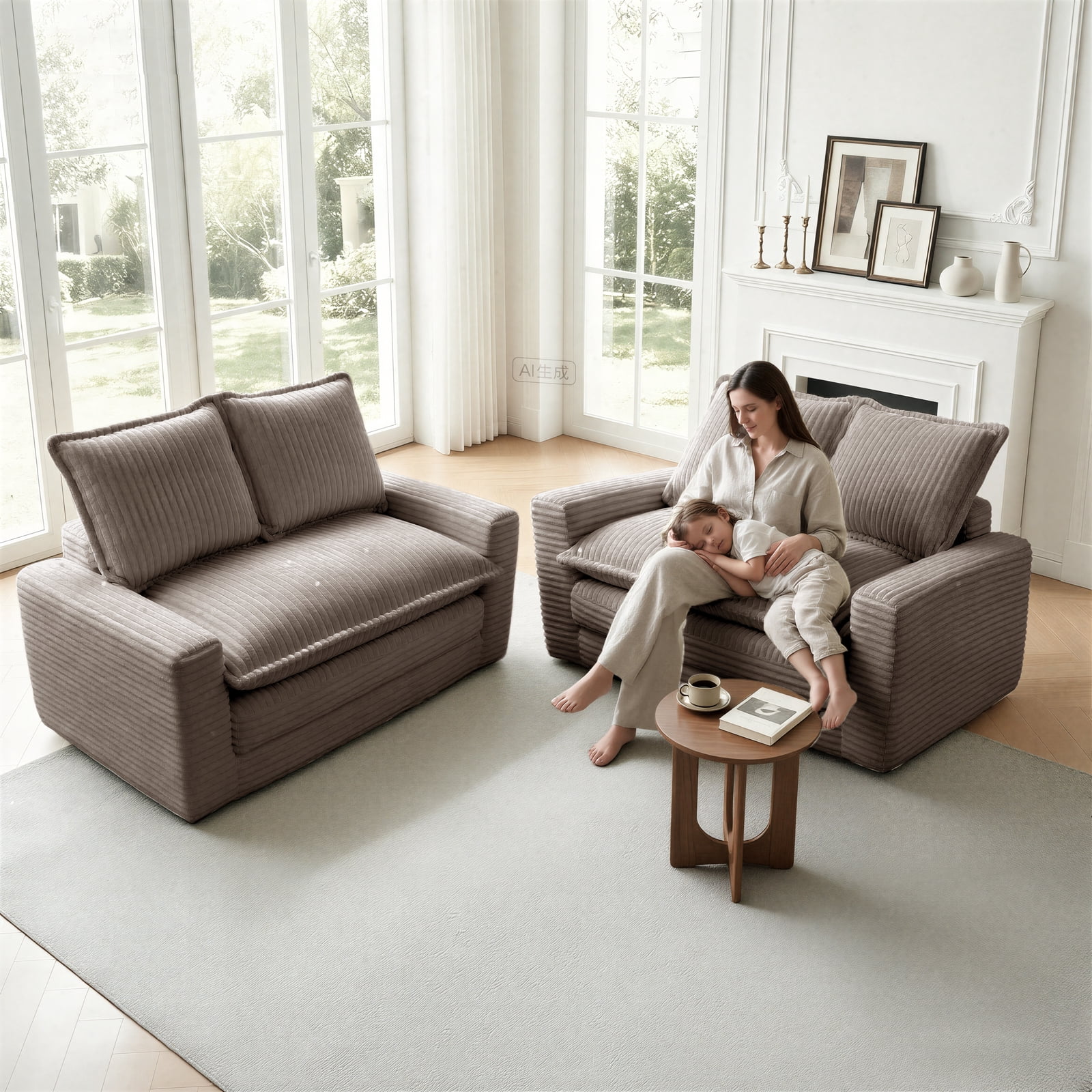 Kelyda Convertible Sofa Bed, 2 in 1 Modern Cloud Boneless Sofa Bed Loveseat Couch Sleeper Chairs for Living Room Light Coffee
