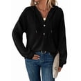 thumbnail image 2 of Sudadera con Capucha de Larga de Punto Gofre para Mujer, con Cordón, Botones, Cuello en V, Informal, con Capucha. Negro L, 2 of 9