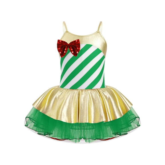 DPOIS Kids Girls Christmas Costume Shiny Tutu Dress Candy Cane Princess Dress Up Green 10