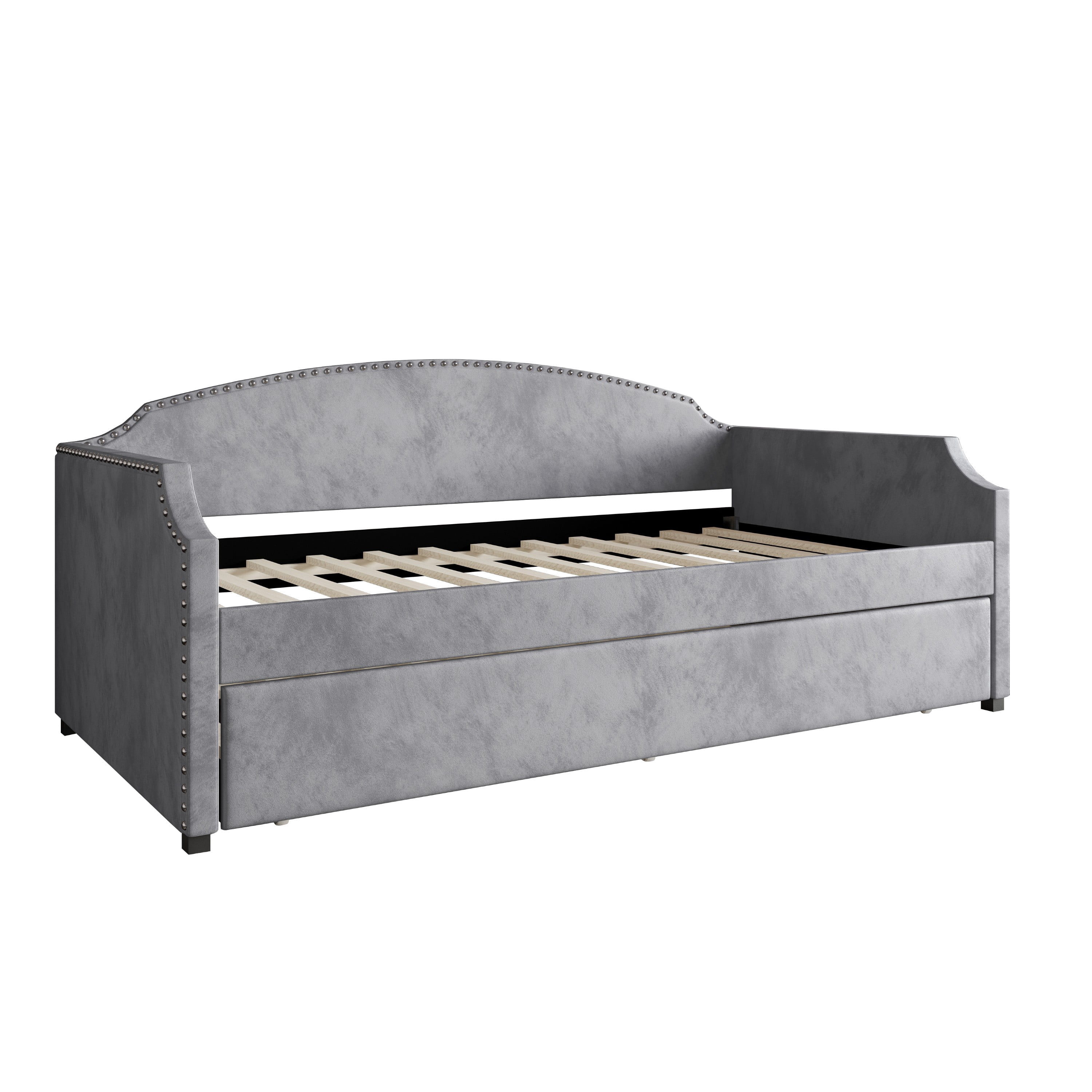 Home Design Kilgore Twin Daybed, Gray Velvet, Scooped Backrest, Chrome Nailhead Trim, Foam Padding, Pull-Out Trundle for Stylish Seating & Sleeping