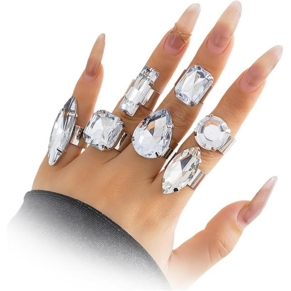 Chunky 7Pcs Silver Crystal Knuckle Rings Set Geometric Rhinestone Waterdrop Open Rings Stackable CZ Circle  Finger Rings Jewelry Set for Women