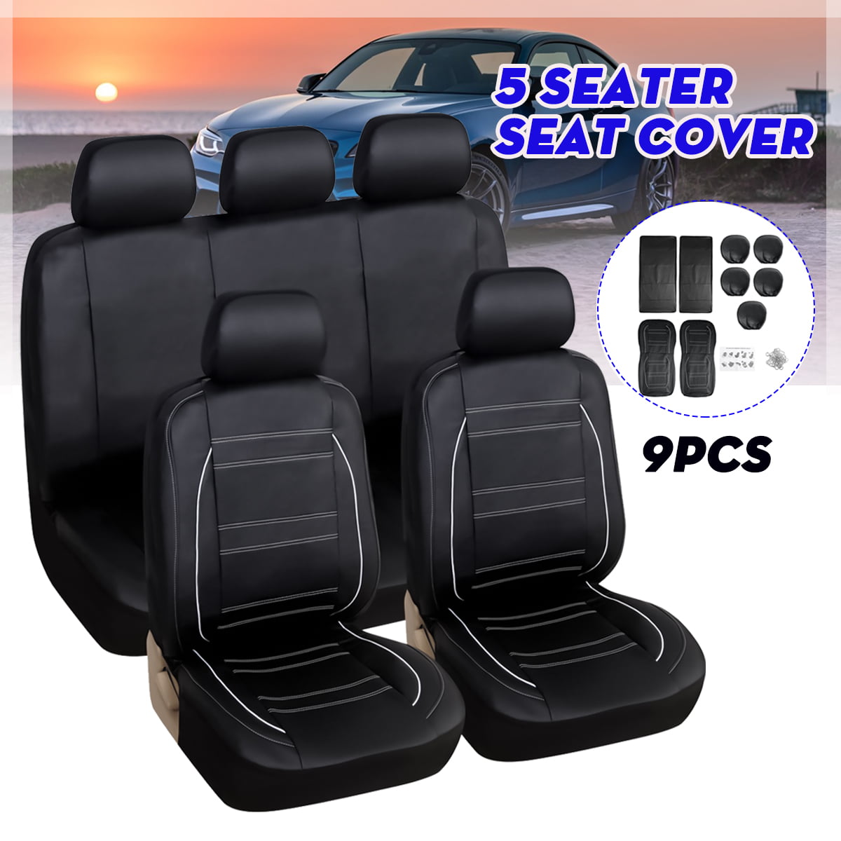 Seasons PU Leather 5 Seats Car Seat Cover Protector Front+Rear  Cushion All