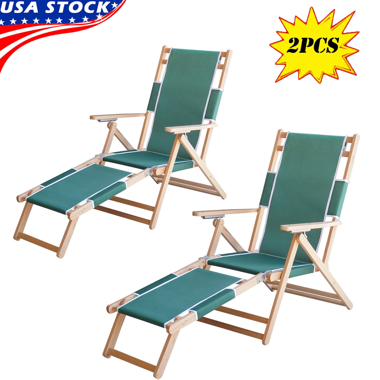 Foh Set of 2 Foldable Lounge Wooden Beach Chairs with Solid Wood Frame